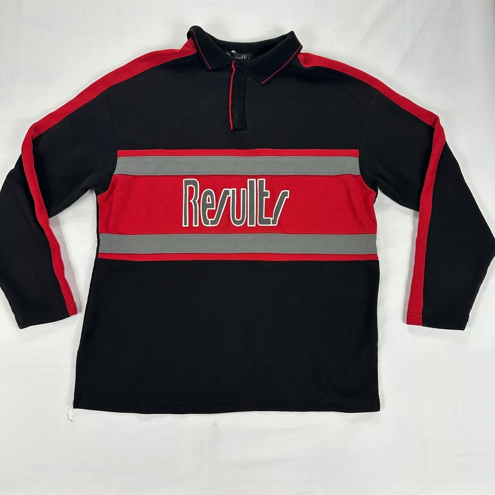 Result Rugby Shirt Long‎ Sleeve Polo Black Red Striped Spellout Logo Mens L